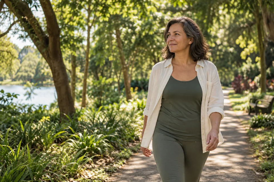 Cena editorial de mulher adulta caminhando em um ambiente natural